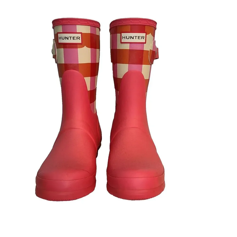 Hunter Original Short Gingham Plaid Rubber Boots Arcade Pink 7 Festival Preppy